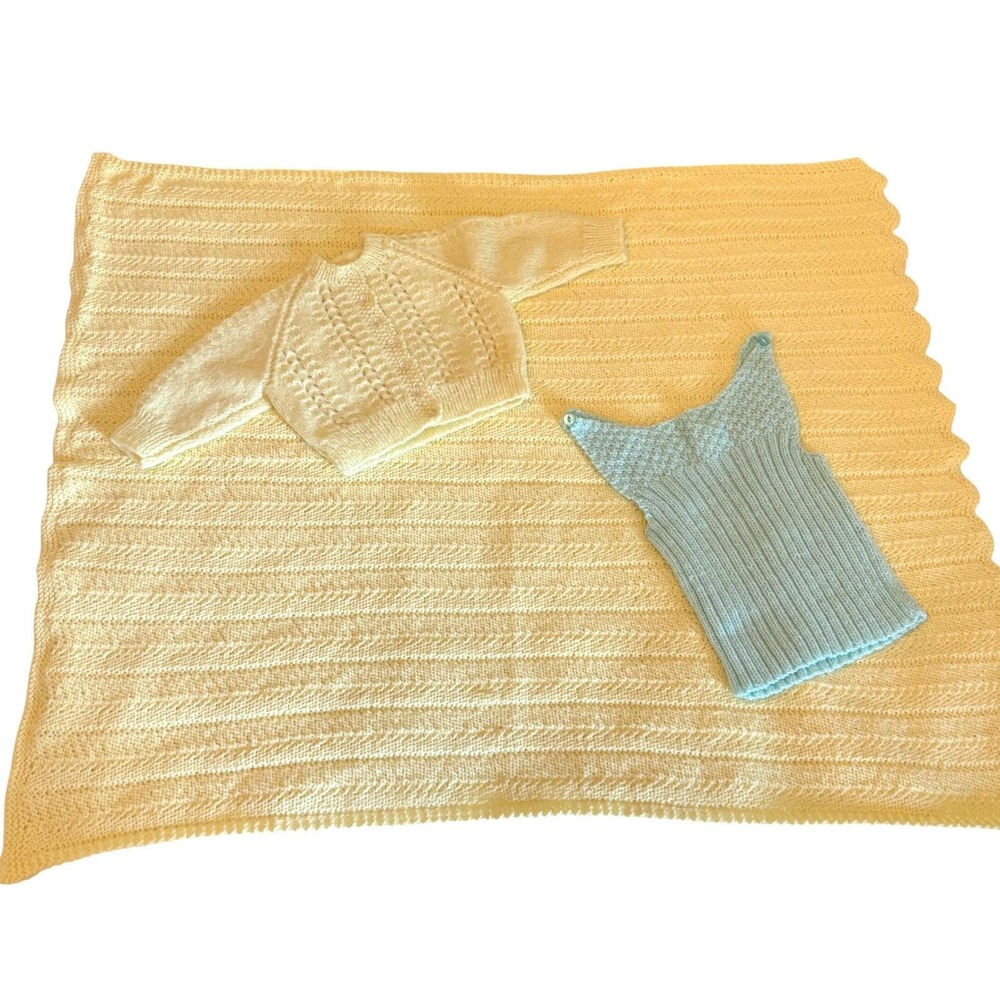 3 Handmade Knit Baby Set Yellow Blanket 43x33" Cardigan Green Vest Vintage Style